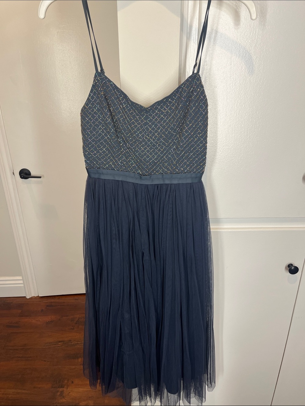Needle & Thread Navy Beaded Tulle Midi Dress